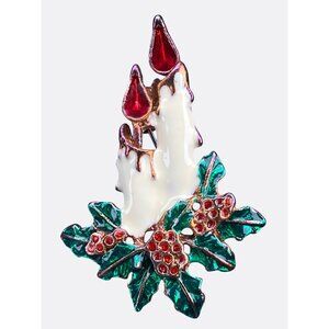 Vintage Christmas Candle Brooch Pin With Enamel Holly and Berry Design